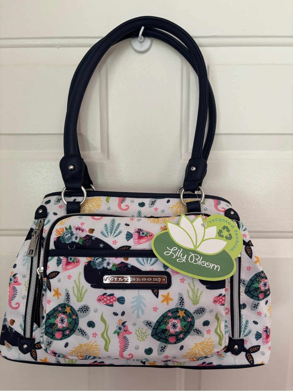 Lily Bloom Maggie Satchel Ocean Turtles Multi Section Birds Canvas Roomy NWT
